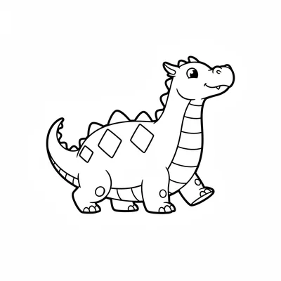 A plump dragon with a pattern of large diamond shapes along its back walking coloring page