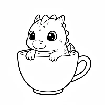 A round baby dragon sitting in a large teacup, just its head and front claws coloring page