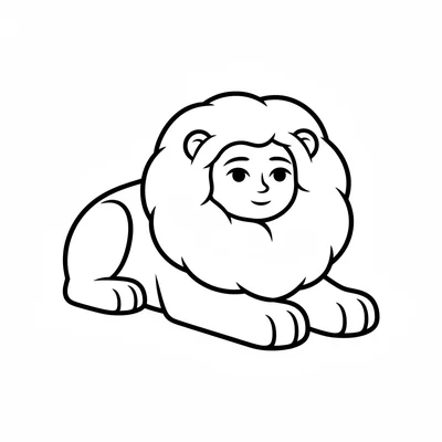 A round-bodied sphinx with a lion body and a simple human face, lying down coloring page