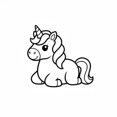 A round-bodied unicorn lying down with legs folded neatly, head raised, mane coloring page