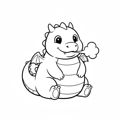 A round chubby dragon breathing a soft puff of smoke from its mouth, sitting coloring page