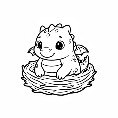 A round dragon hatchling with big innocent eyes sitting inside a nest made coloring page