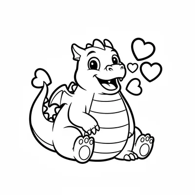 A round green dragon blowing three heart-shaped puffs from its mouth, sitting coloring page