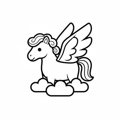 A round Pegasus horse with clouds under its hooves, wings spread wide in 3 coloring page