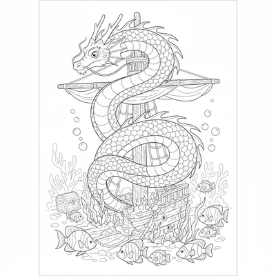 A sea dragon coiled around a sunken ship mast, its body several loops tight coloring page
