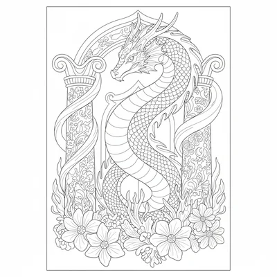 A sea dragon guarding an underwater palace gate, its enormous body coiled coloring page