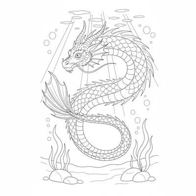 A sea dragon swimming through deep water, its long serpentine body creating coloring page