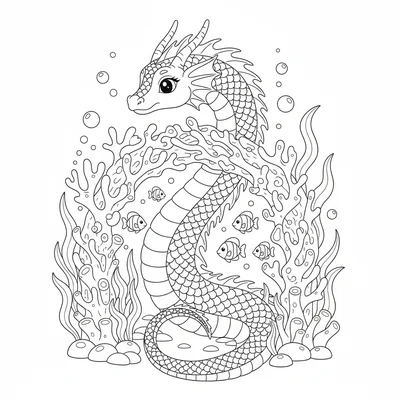 A sea dragon wrapped around an underwater arch of coral, watching fish swim coloring page
