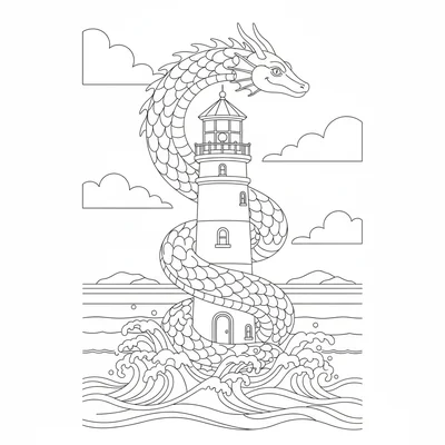A sea serpent coiling around a lighthouse, its body spiraling the tower, large coloring page
