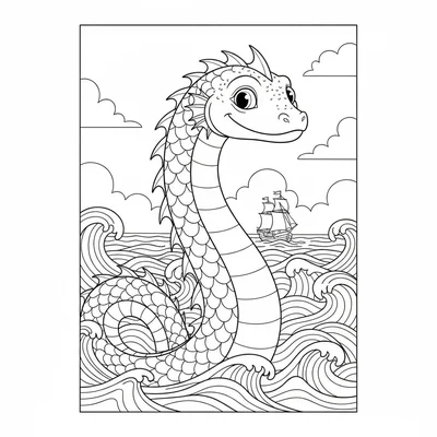 A sea serpent coiling through ocean waves, its broad neck arching above coloring page