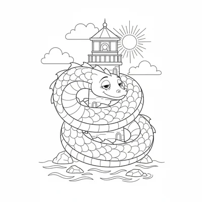 A sea serpent curled in a comfortable loop around a lighthouse, its long body coloring page