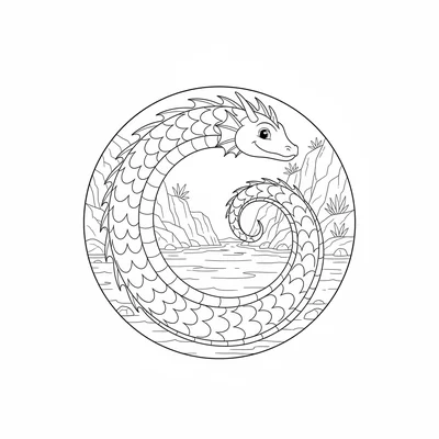 A sea serpent forming a complete circle in a calm cove, its tail just reaching coloring page