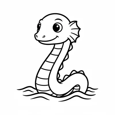 A sea serpent peeking its large round head and long curving neck above coloring page