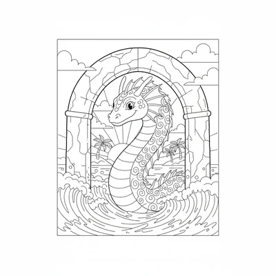 A sea serpent peeking through the arch of a stone sea arch, its large head coloring page