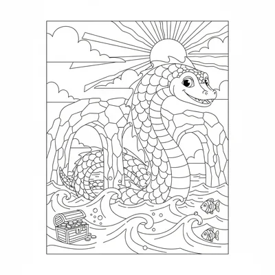 A sea serpent threading through a set of sea arches, its long body weaving coloring page