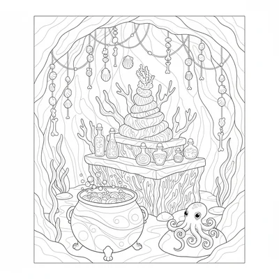 A sea witch's grotto with an altar of stacked coral and driftwood, shelves coloring page