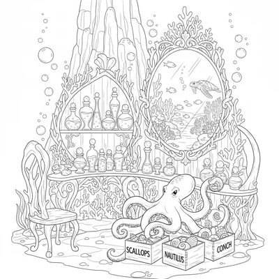 A sea witch's underwater salon at the base of a sea stack coloring page