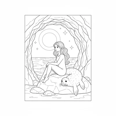 A selkie sitting at the edge of a sea cave, having shed its seal skin which coloring page