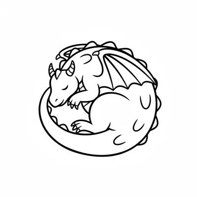 A sleeping dragon curled in a ball, its tail wrapped around its body and wings coloring page