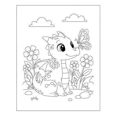 A small dragon finding a butterfly perched on its snout, going cross-eyed coloring page