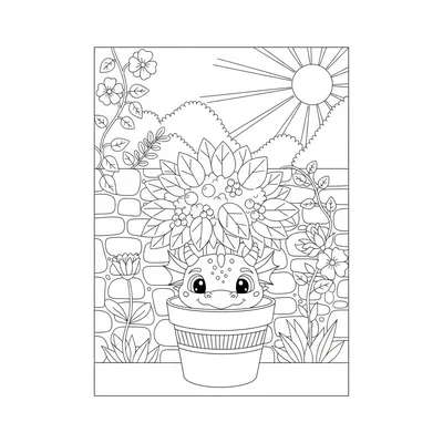 A small dragon hiding behind a plant pot that is far too small to conceal it coloring page