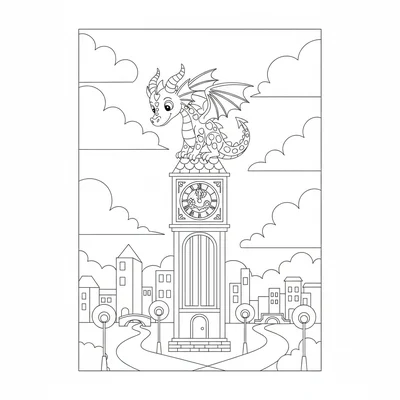 A small dragon perched on top of a clock tower, watching the city below coloring page