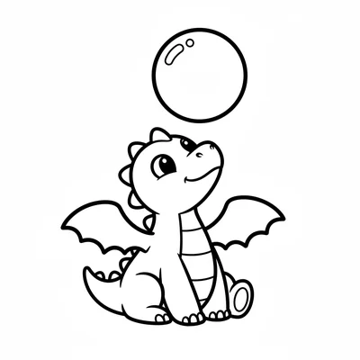 A small dragon sitting and looking up at a big floating bubble, four legs coloring page