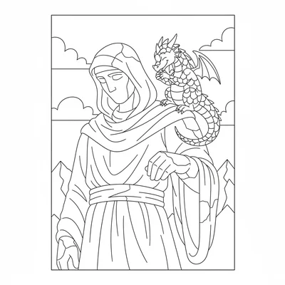 A small dragon sitting on the shoulder of a stone statue, grooming its claws coloring page