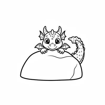A small dragon with a big bushy tail peeking from behind a large rounded rock coloring page