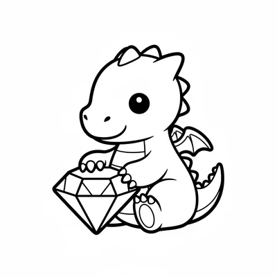 A small dragon with a big round head sitting next to a large gem, one claw coloring page
