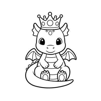 A small dragon with a crown made of three big gems sitting on its head, seated coloring page