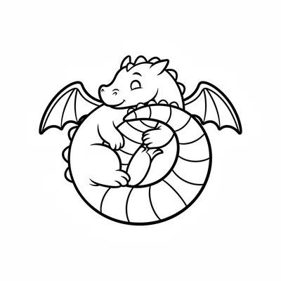 A small dragon with a striped tail coiled in a circle, head resting on the tip coloring page