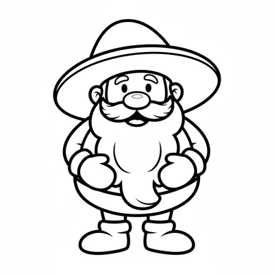 A small dwarf with a long forked beard in 3 big sections, a wide round hat coloring page