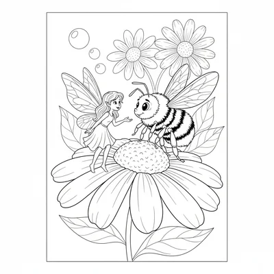 A small fairy and a large bumblebee facing each other on a flower petal, as if coloring page