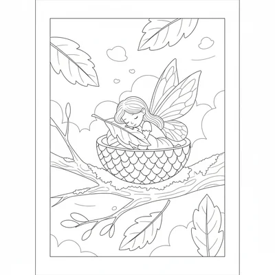 A small fairy asleep inside an acorn cap bed, curled up comfortably, wings coloring page