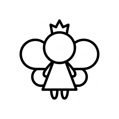 A small fairy with two large round wings, a simple dress shown as a trapezoid coloring page