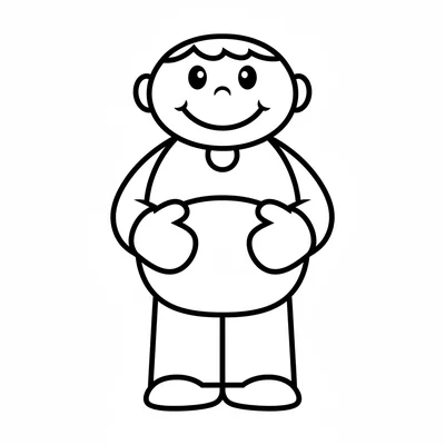 A small friendly giant with a big round face, huge hands, a round belly, simple coloring page