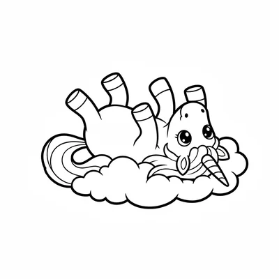 A small unicorn lying on its back with all four hooves in the air, mane fanning coloring page