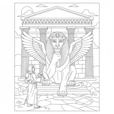 A sphinx sitting before the entrance of a sandstone temple, a traveler in front coloring page