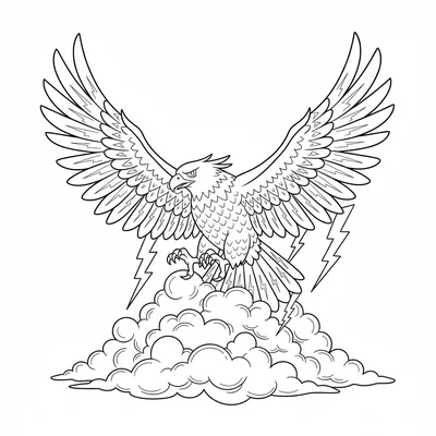 A thunder bird soaring above storm clouds, wings spread wide coloring page