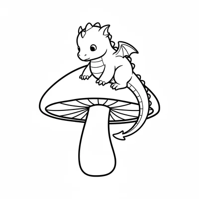 A tiny dragon perched on a large mushroom cap, tail hanging off the edge coloring page