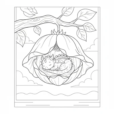A tiny dragon sleeping inside a giant flower blossom used as a bed, the petals coloring page