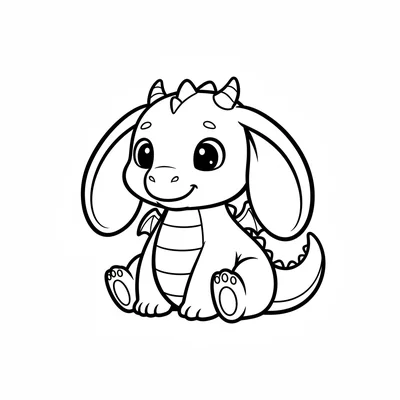A tiny dragon with enormous floppy ears sitting on its haunches, ears drooping coloring page