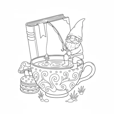A tiny gnome fishing in a teacup pond, sitting cross-legged on the rim coloring page