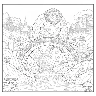 A troll bridge scene, a very large troll seated on a mossy stone bridge over coloring page