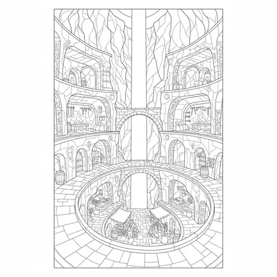 A underground dwarf city carved from a mountain interior coloring page