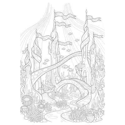 An underwater merfolk city with coral spire towers, arching bridges, flowing coloring page
