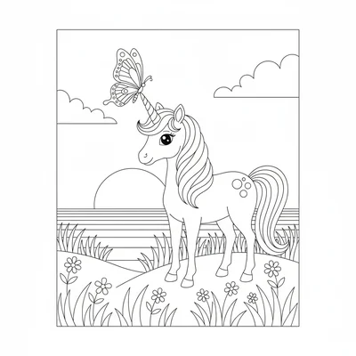 A unicorn and a butterfly at rest, the butterfly perched on the unicorn's horn coloring page