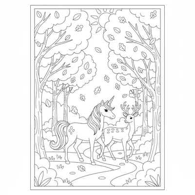 A unicorn and a deer walking side by side through an autumn forest, leaves coloring page