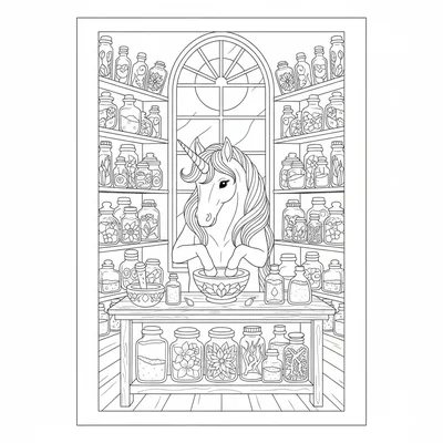 A unicorn apothecary with shelves holding glass jars of magical ingredients coloring page